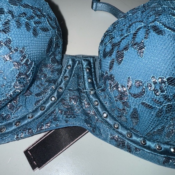 Victoria's Secret Very Sexy Floral Metallic Lace Studded Balconet Bra Blue 32B - Picture 6 of 16